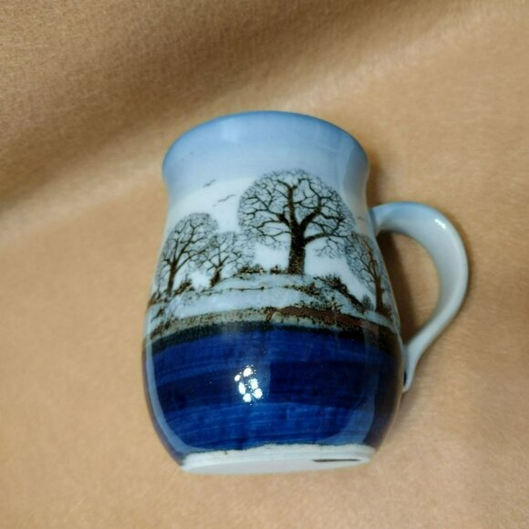 Handcrafted Ceramic Mug With Winter Tree Scene, Otagiri Stoneware Style Blue - Picture 7 of 8